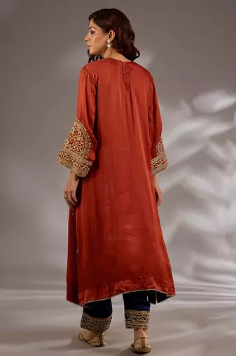 Orange embroidered satin kurta set