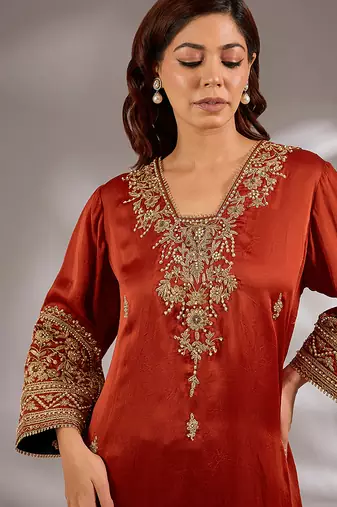 Orange embroidered satin kurta set
