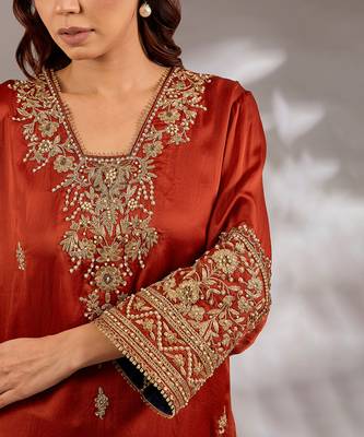 Orange embroidered satin kurta set 5