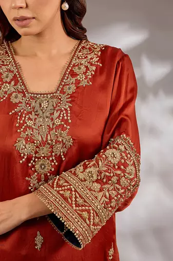 Orange embroidered satin kurta set