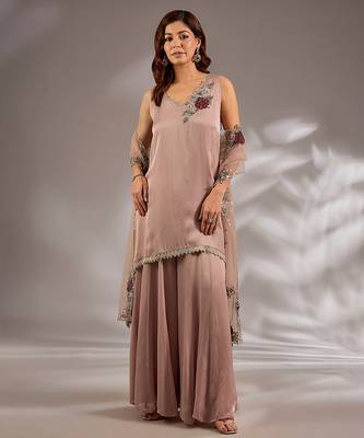 Pink embroidered satin sharara set 1
