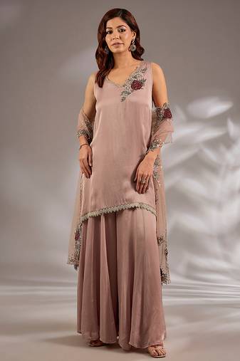 Pink embroidered satin sharara set