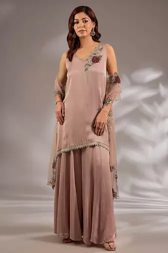 Pink embroidered satin sharara set
