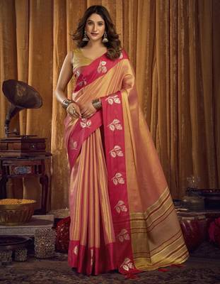 Soft tissue contrast border saree with jhallar edging | festive tissue saree 1