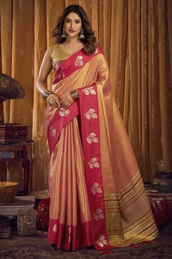 Soft tissue contrast border saree with jhallar edging | festive tissue saree