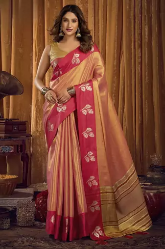 Soft tissue contrast border saree with jhallar edging | festive tissue saree