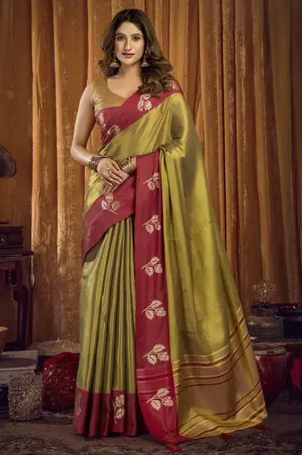 Designer soft tissue saree with contrast border and blouse | festival saree