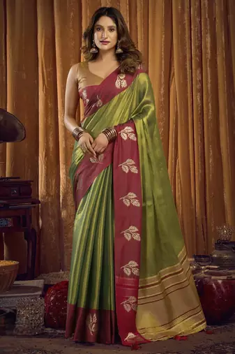 Designer soft tissue saree with contrast border and blouse | festival saree