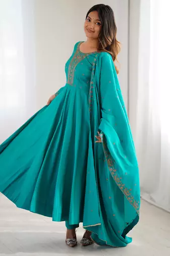 Premium Roman Chanderi Silk Anarkali Set with Dupatta