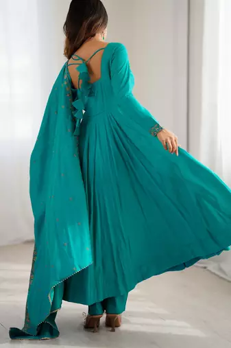  roman chanderi silk anarkali set with dupatta