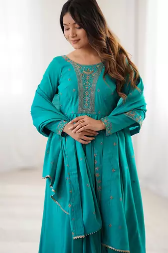  roman chanderi silk anarkali set with dupatta
