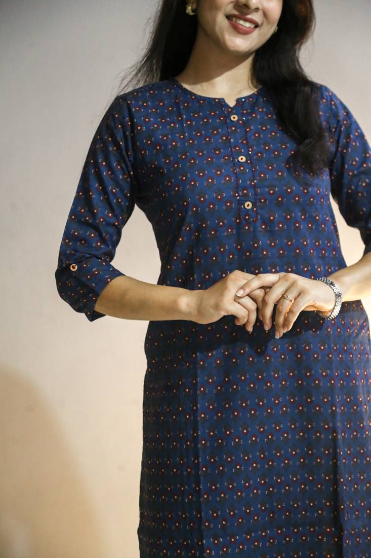 Women's cotton straight blue multi color embellished kurta