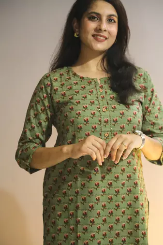 Women's cotton straight olive green with multi color embellished kurta