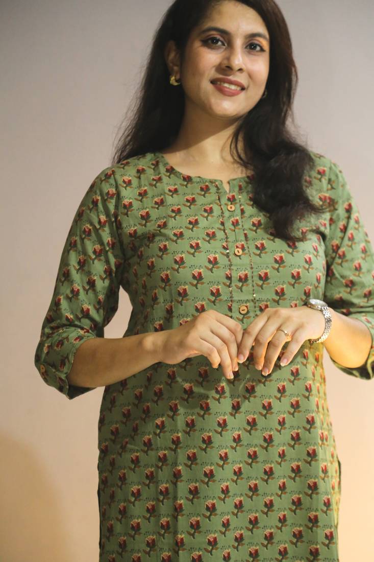 Women's cotton straight olive green with multi color embellished kurta