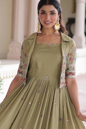 Pista vichitra silk sequins embroidered flared gown with koti