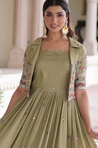 Pista vichitra silk sequins embroidered flared gown with koti