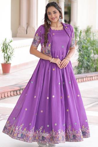 Purple vichitra silk sequins embroidered flared gown with koti