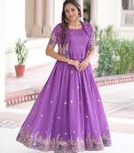 Purple vichitra silk sequins embroidered flared gown with koti