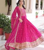 Pink faux georgette sequins & zari embroidered flared gown with heavy dupatta