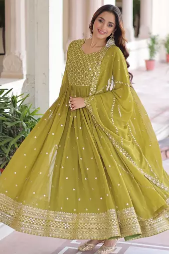 Parrot faux georgette sequins & zari embroidered flared gown with heavy dupatta