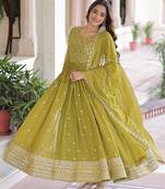 Parrot faux georgette sequins & zari embroidered flared gown with heavy dupatta