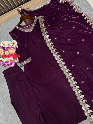 Purple velvet embroidered straight suit & pant with dupatta set 5