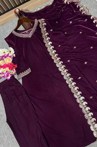 Purple velvet embroidered straight suit & pant with dupatta set