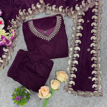 Purple velvet embroidered straight suit & pant with dupatta set 6