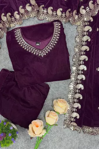 Purple velvet embroidered straight suit & pant with dupatta set