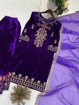 Purple velvet cording sequence embroidery work suit & palazzo with dupatta set 5