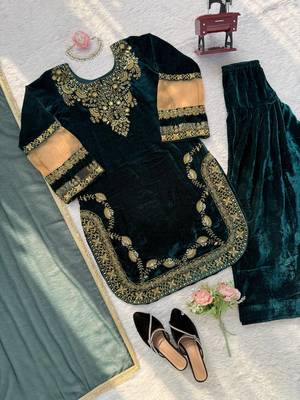 Teal velvet thread with sequence work suit & palazzo with dupatta set 5