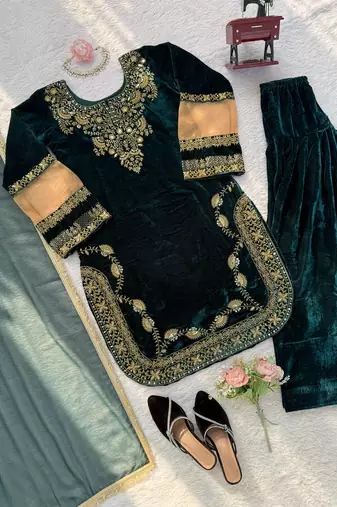 Teal velvet thread with sequence work suit & palazzo with dupatta set