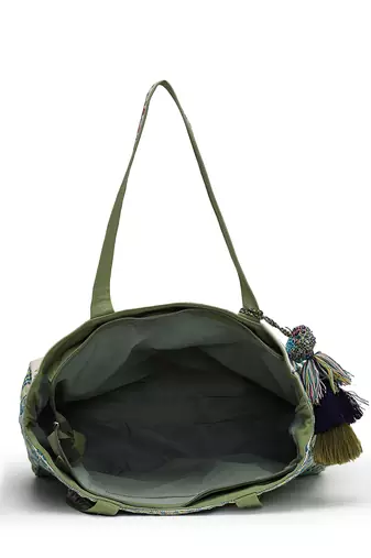 kooky natural & multi jacquard boho floral embroidered tote bag