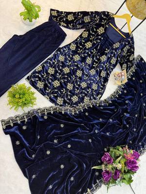 Blue velvet fornt embroidery work kurta with bottom & dupatta 5