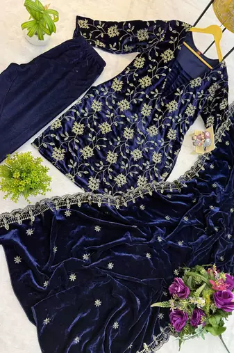 Blue velvet fornt embroidery work kurta with bottom & dupatta