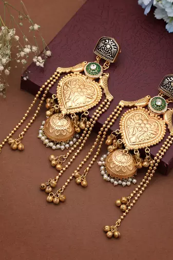 Gold color long kasmiri earrings crafted with elegant detailing for timeless festive beauty