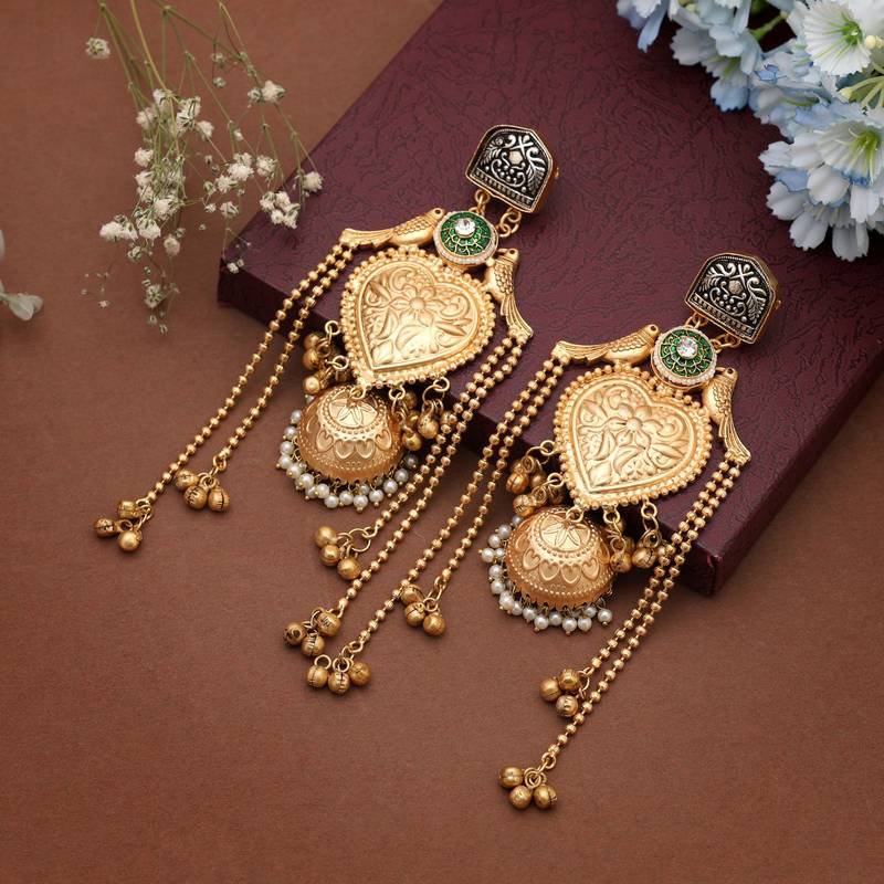 Gold color long kasmiri earrings crafted with elegant detailing for timeless festive beauty