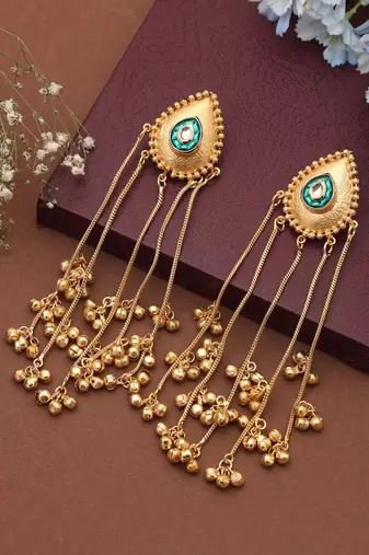 Green color long kasmiri earrings designed to enhance traditional outfits with graceful charm