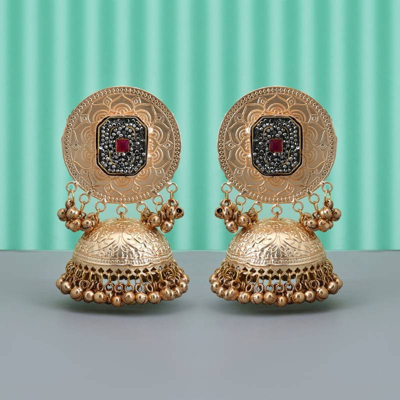 Gold color long kasmiri earrings in big jhumka style for bold statement fashion