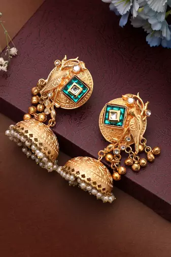 Green color long kasmiri earrings featuring classic jhumka design for stunning ethnic appeal