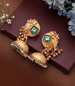 Green color long kasmiri earrings featuring classic jhumka design for stunning ethnic appeal