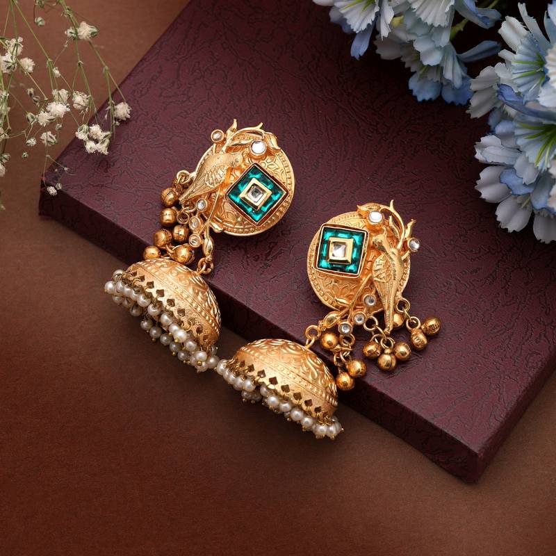 Green color long kasmiri earrings featuring classic jhumka design for stunning ethnic appeal