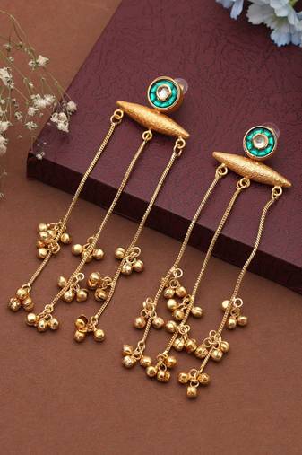 Green color long kasmiri earrings crafted to elevate festive attire with intricate traditional artistry
