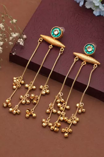 Green color long kasmiri earrings crafted to elevate festive attire with intricate traditional artistry