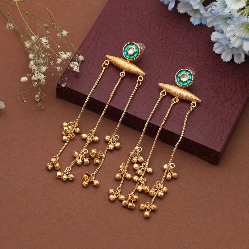 Green color long kasmiri earrings crafted to elevate festive attire with intricate traditional artistry
