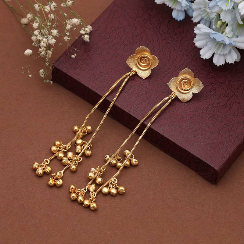 Gold color long kasmiri earrings bringing refined traditional beauty to weddings and festivals