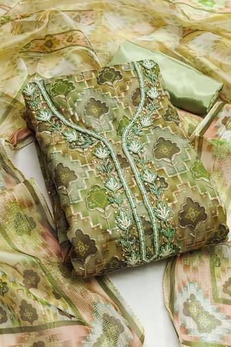 Pista green color sequence heavy organza straight churidar dress material