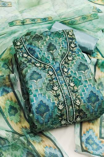 Teal color sequence heavy organza straight churidar dress material