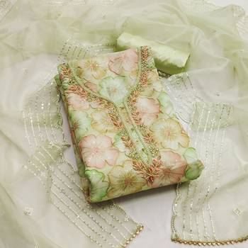 Pista green color sequence heavy organza straight churidar dress material 1