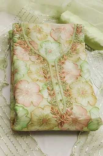 Pista green color sequence heavy organza straight churidar dress material